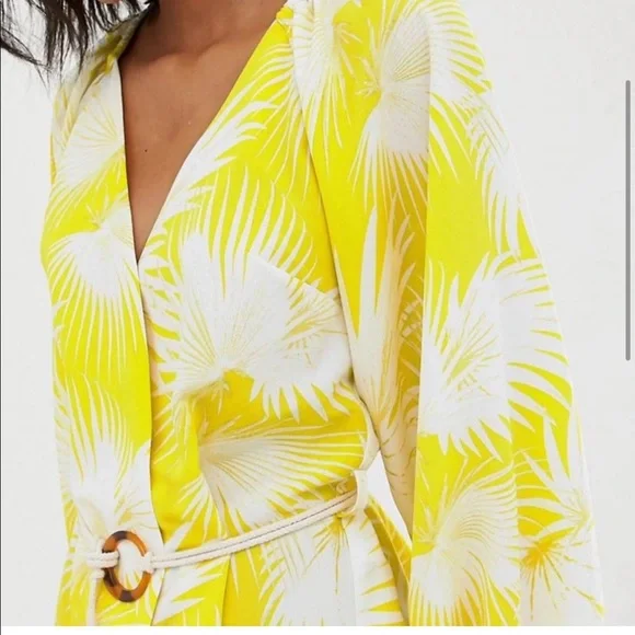 ASOS Yellow Palm Print Plunge Kimono Top V Neck Wrap Puffy Sleeve Blouse Size 2 - Picture 3 of 11